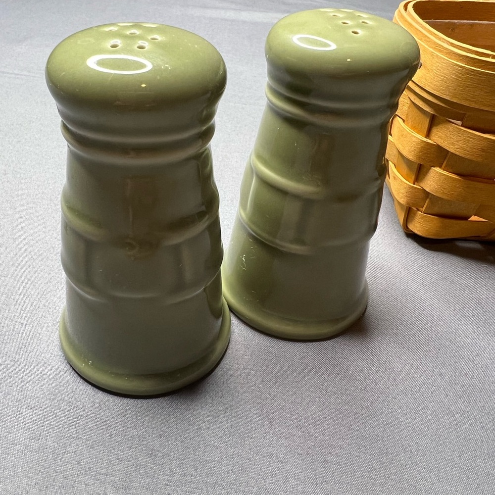 Longaberger Salt Pepper Basket Set Olive Green Pottery Farmhouse USA - Picture 3 of 11
